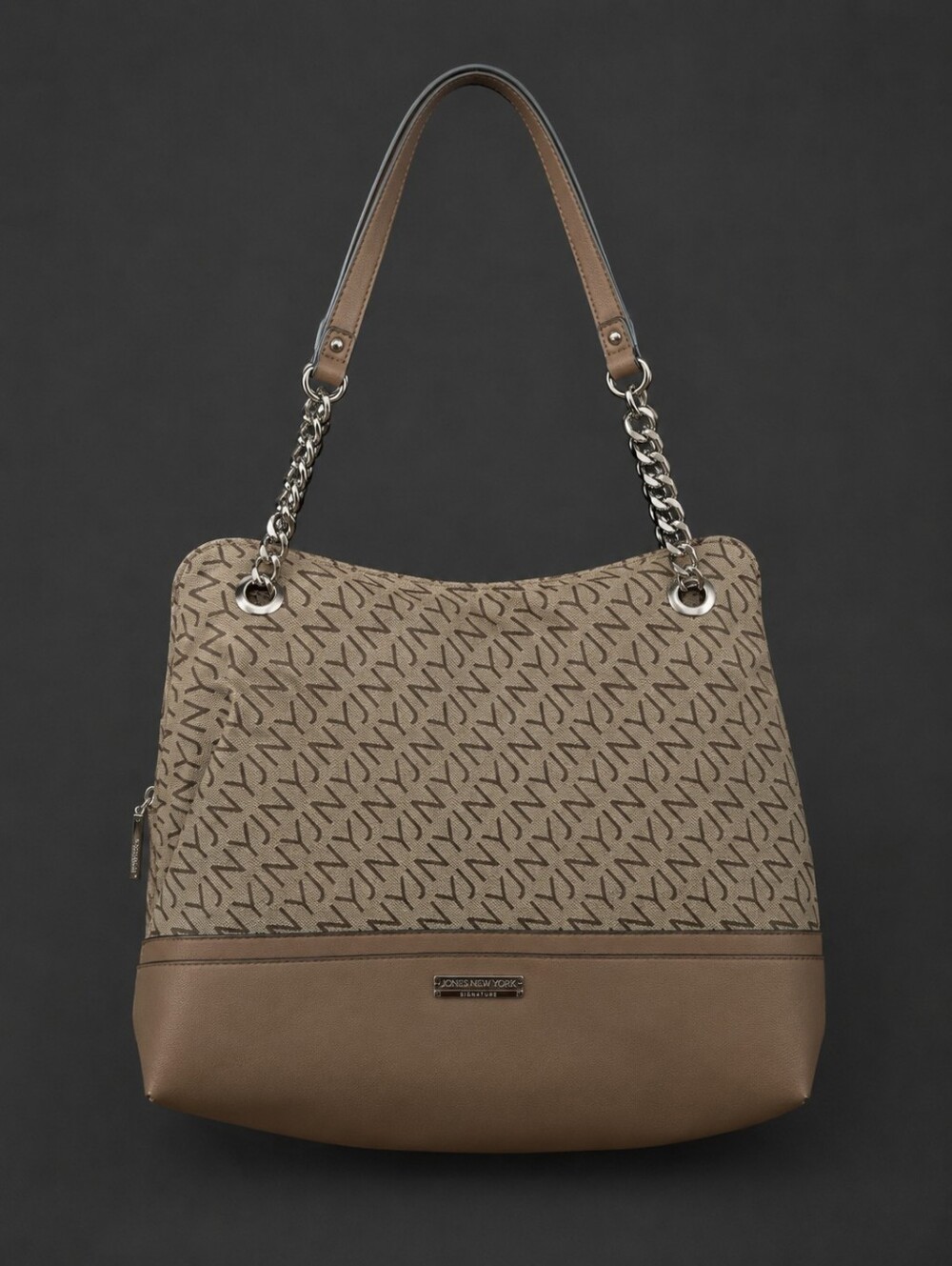 Jones New York Tan Logo-Print Shoulder Bag with Brown Leather Trim
